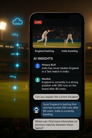 Smartphone livestream shows England batting vs India bowling with AI insights in a dark stadium.