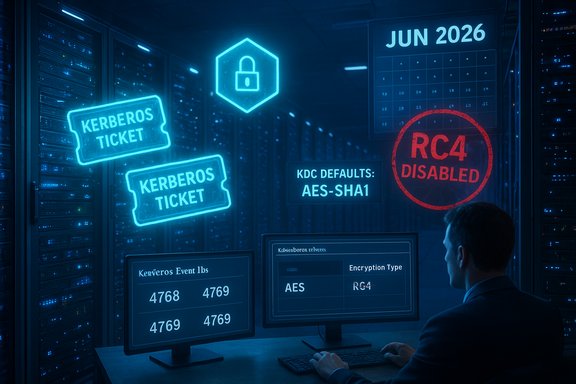 Neon-lit server room shows Kerberos tickets, AES-SHA1 defaults, and RC4 disabled.