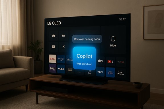 Cozy living room with an LG OLED TV displaying a Copilot Web Shortcut tile among app icons.