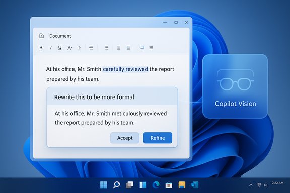 Windows-style document editor with Copilot Vision prompting a more formal rewrite.