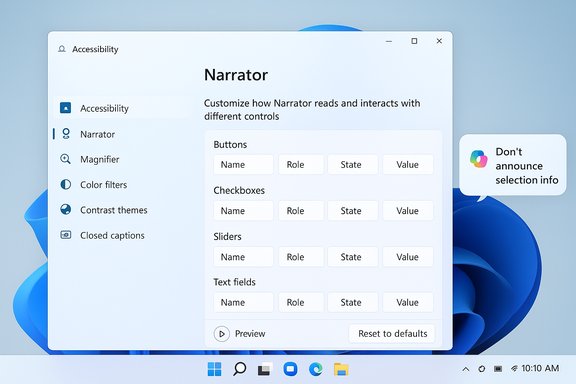 Windows 11 Accessibility: Narrator settings panel with controls and a “Don’t announce selection info” tip.