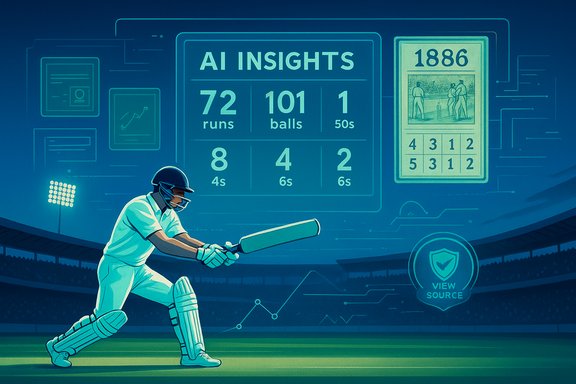 Cricket batsman at the crease, framed by an AI Insights scoreboard in a stadium.