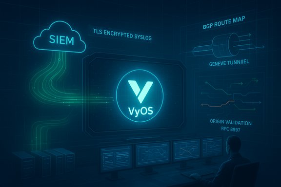 Futuristic network operations center with VyOS at the core and cloud, TLS, and routing visuals.