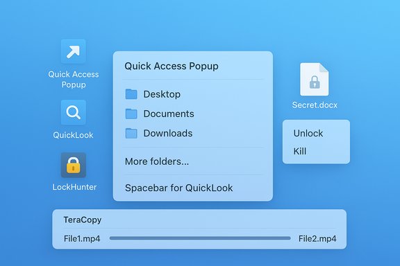 Blue desktop UI mockup showing a Quick Access Popup with Desktop/Documents/Downloads, a Secret.docx, and a file transfer bar.