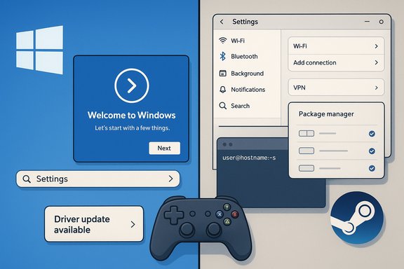 Windows-themed collage showing a welcome screen beside a settings panel, gamepad, and Steam icon.
