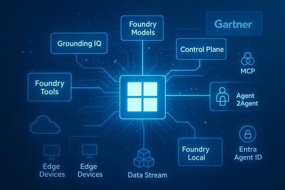Blue circuit-board style infographic with a central hub linking Foundry tools, models, and agents.