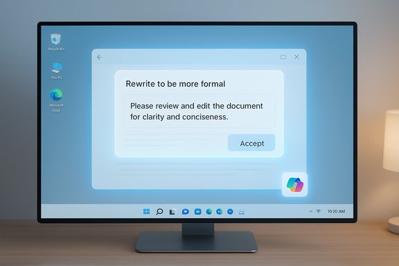 A desktop monitor shows a blue prompt asking to rewrite a document more formally with an Accept button.