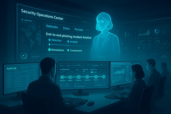Security Operations Center with analysts monitoring a phishing incident timeline on a large display.