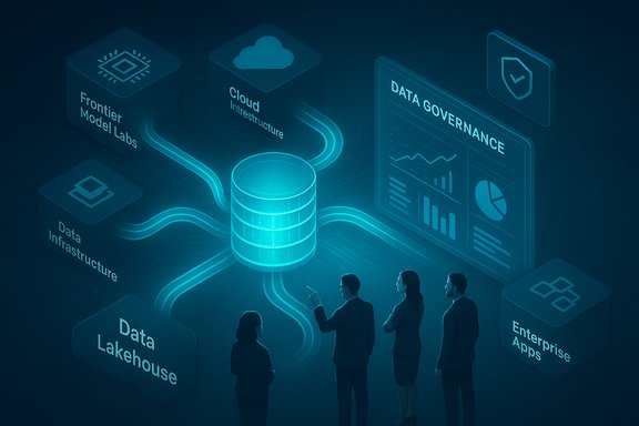 Blue-toned data governance diagram with a central database linked to cloud, data lakehouse, and enterprise apps.