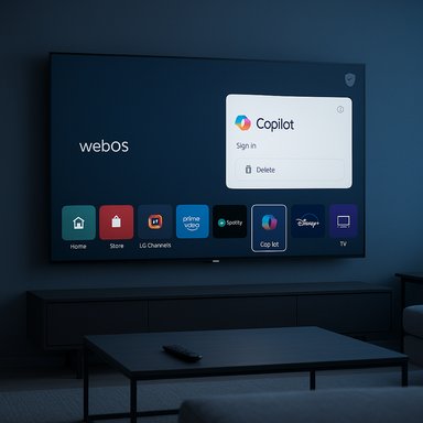 A dim living room with a large wall-mounted TV displaying webOS apps and a Copilot sign-in card.