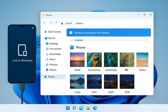 Phone connected to a Windows PC; File Explorer displays photos from the device.