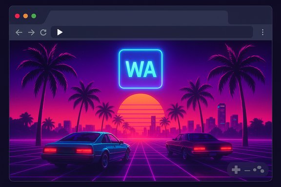 Retro neon sunset drive: palm trees, neon grid road, two cars, and a glowing WA sign.