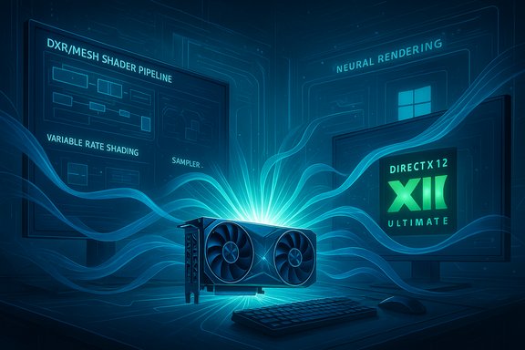 A GPU graphics card glows with DirectX 12 Ultimate and neural rendering tech.
