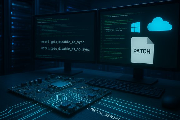 Dim blue workstation with dual monitors showing code and a PATCH file beside a motherboard.