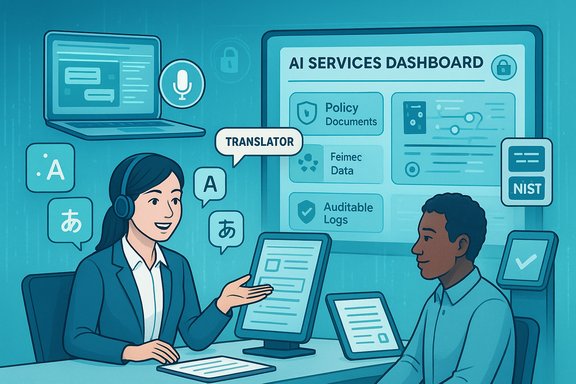 A translator explains the AI services dashboard to a colleague.