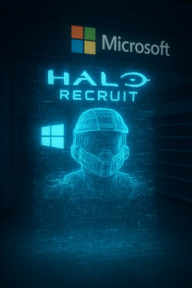 Blue neon Halo Recruit hologram showing a helmet, under a Microsoft logo.