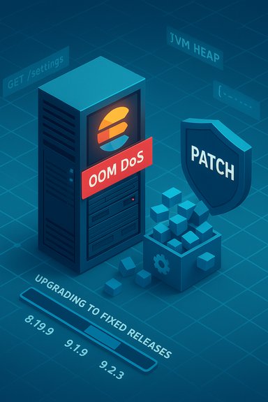 A server with a PATCH shield guards an OOM DOS upgrade to fixed releases.
