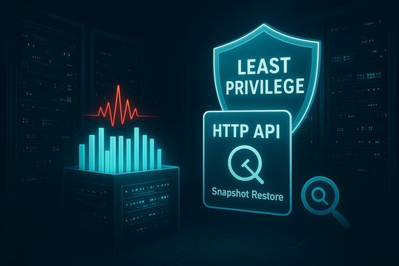 Neon security scene showing a 'LEAST PRIVILEGE' shield over HTTP API snapshot restore in a data center.