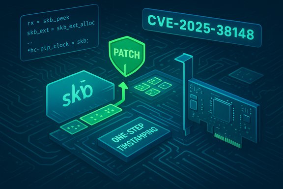 Patch for CVE-2025-38148 with one-step timestamping and skb buffer on a circuit-board.