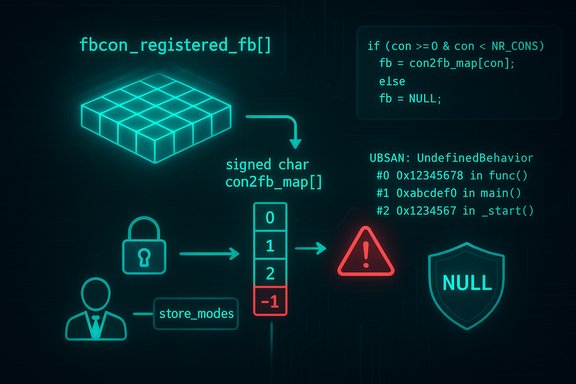 Neon diagram showing framebuffer to fbcon mapping, ending in a null pointer and undefined behavior.