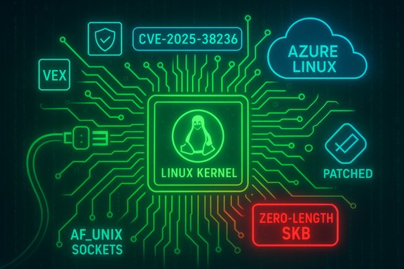 Neon circuit diagram centered on the Linux kernel, CVE-2025-38236, patched status, and Azure Linux.