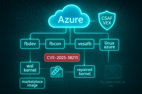 Neon Azure cloud diagram linking CVE-2025-38215 to WSL/Linux kernel components.