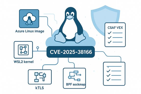 Infographic showing CVE-2025-38166 impacting the Linux kernel (WSL2, kTLS, BPF sockmap) and Azure Linux image.