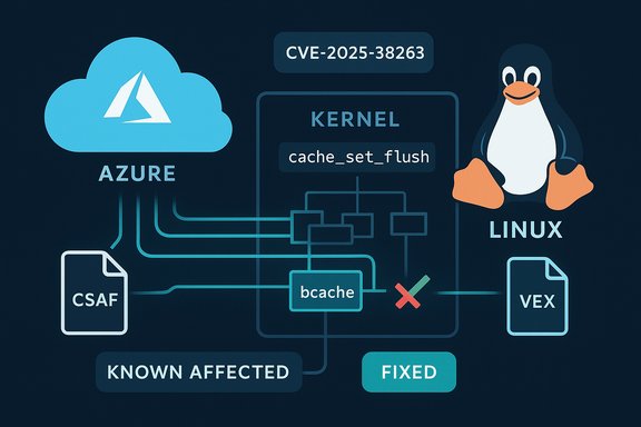 Azure cloud and Linux penguin illustrate the kernel cache_set_flush vulnerability (CVE-2025-38263).