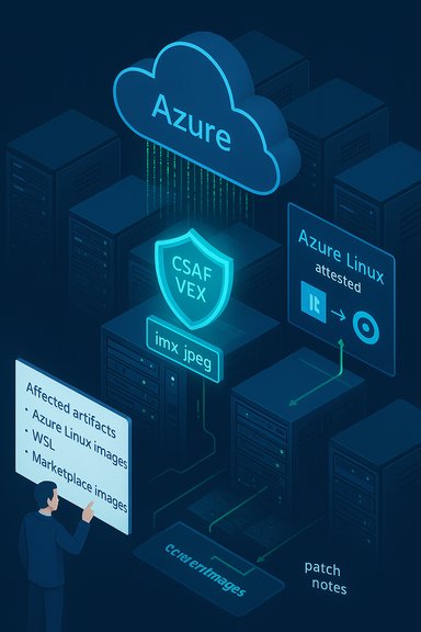 Azure cloud security diagram featuring data servers, CSAF VEX shield, and patch notes.