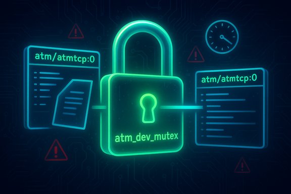 Neon padlock labeled 'atm_dev_mutex' guards glowing ATM protocol panels.