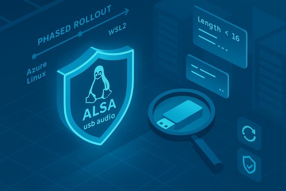 Blue tech illustration of a Linux shield labeled ALSA USB audio with a magnifying glass over a USB drive.