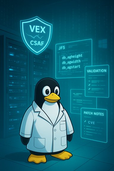 Linux penguin in a lab coat stands before holographic security dashboards in a data center.