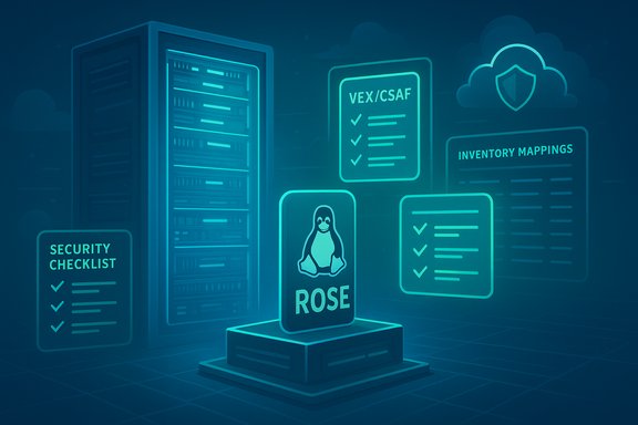 Neon blue data center with floating security checklists, a ROSE card, and cloud protection icons.