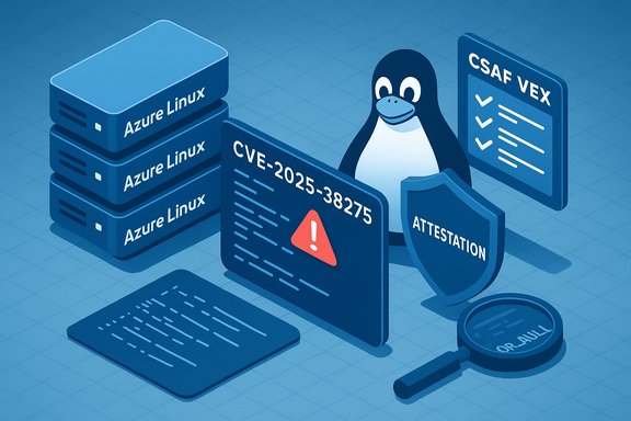 Cartoon penguin guards Azure Linux servers amid a CVE-2025-38275 alert, attestation shield, and security checklist.