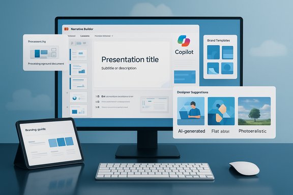 A desktop monitor and tablet display a UI for AI-assisted presentation design templates.