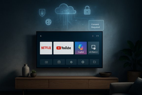 Modern living room with a wall-mounted TV displaying Netflix, YouTube, Copilot, and LG Channels.