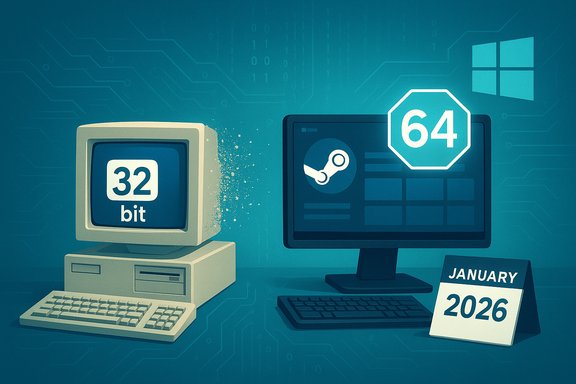 32‑bit computer beside a 64‑bit PC, illustrating tech evolution (January 2026).