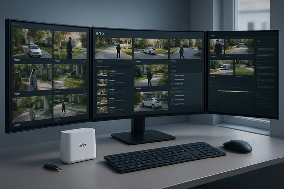 Triple-monitor security workstation displaying Arlo camera feeds from a suburban street.