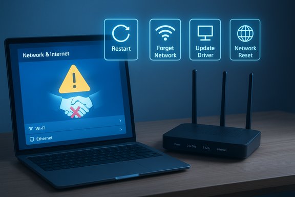 Laptop shows a network warning with holographic recovery options hovering above, beside a router.