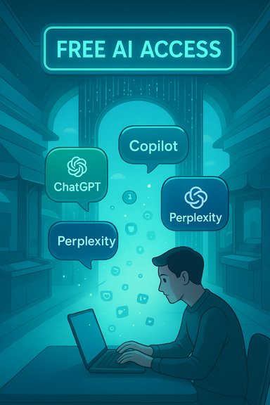 A person types on a laptop amid floating AI icons like ChatGPT, Copilot, and Perplexity.