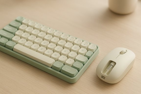 Pastel mint-green keyboard with rounded keys beside a white wireless mouse on a light wooden desk.