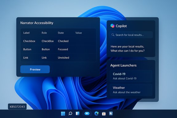 Floating dark UI panels show Narrator Accessibility, Copilot, and Agent Launchers on a blue Windows desktop.