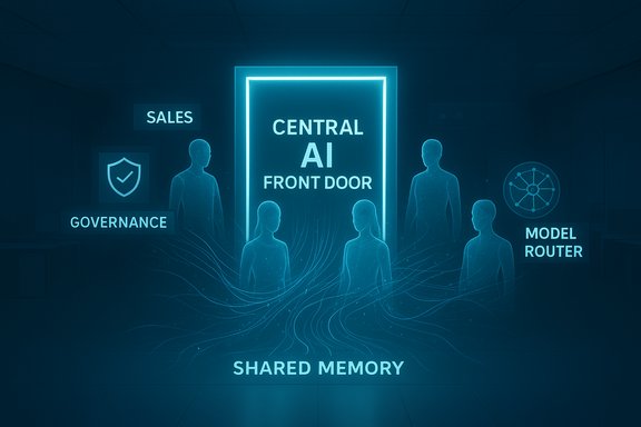 Glowing Central AI Front Door sits at the center, linked to shared memory and model routing.
