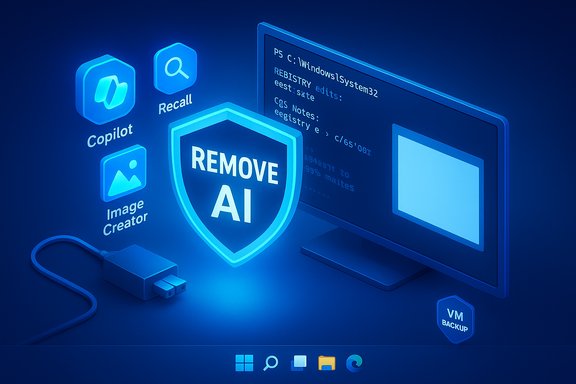 Blue 3D tech scene featuring a REMOVE AI shield, Copilot, Recall and Image Creator icons beside a monitor.