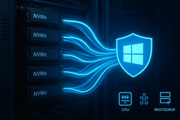 Blue-lit server rack with NVMe drives and a glowing Windows shield.