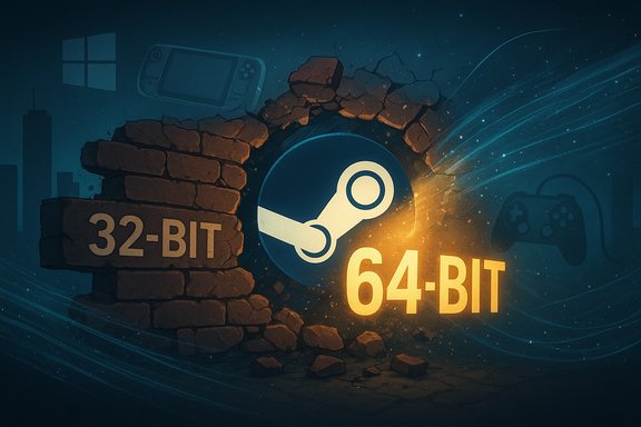 Steam logo breaking through bricks, signaling the move from 32-bit to 64-bit. Steam logo breaking through bricks, signaling the move from 32-bit to 64-bit.