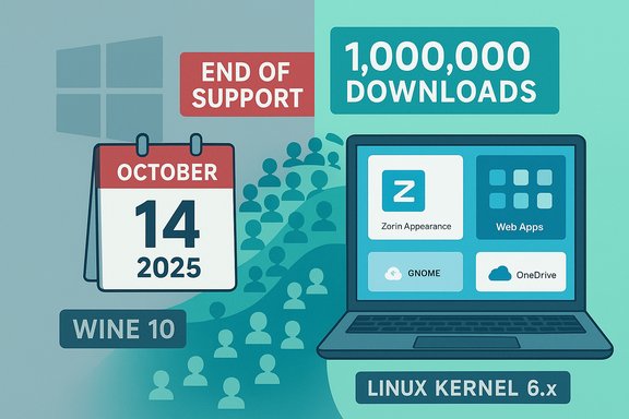 Tech infographic illustrating end of support (Oct 14, 2025) and 1,000,000 downloads.