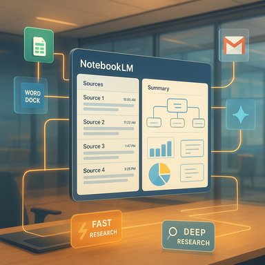 Futuristic NotebookLM dashboard with sources, a summary, and fast/deep research options.