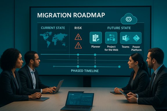 Corporate team analyzes a migration roadmap—current state, risk, and future state.
