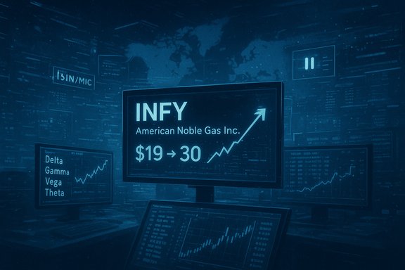 INFY stock climbs from $19 to $30 with rising market charts.